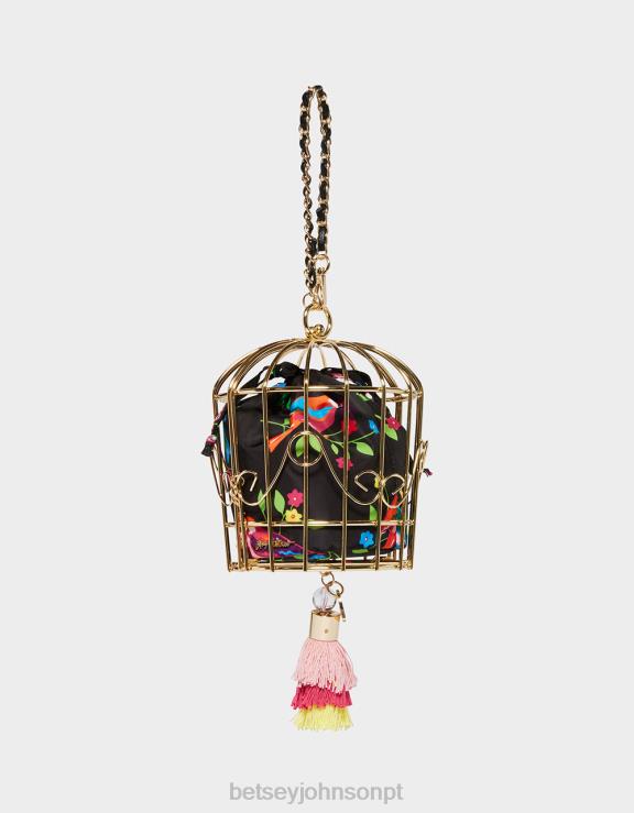multi pássaro kitsch é a palavra gaiola dançarina pulseira preta H6X06230 Betsey Johnson mulheres acessórios