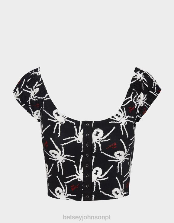 Preto branco Blusa manga bufante cropped 80th bash H6X06291 Betsey Johnson mulheres roupas