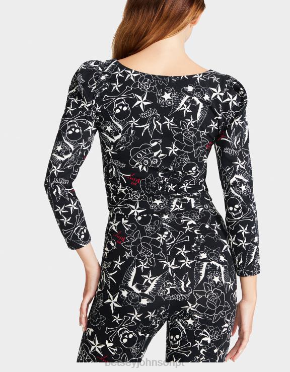 imprimir linda tatuagem de manga bufante inspirada em vintage punk H6X06295 Betsey Johnson mulheres roupas