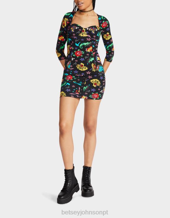 tatuagem pri 80º bash espartilho raglan top tattoo H6X06292 Betsey Johnson mulheres roupas