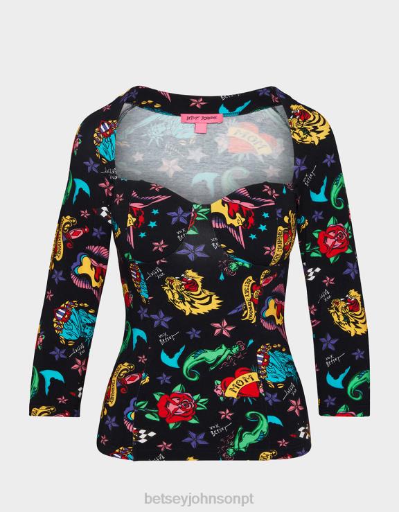 tatuagem pri 80º bash espartilho raglan top tattoo H6X06292 Betsey Johnson mulheres roupas