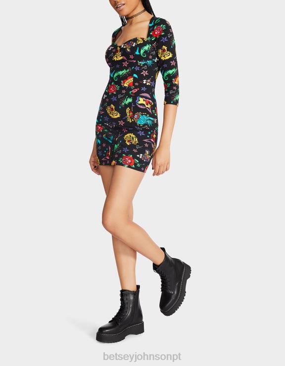 tatuagem pri 80º bash espartilho raglan top tattoo H6X06292 Betsey Johnson mulheres roupas