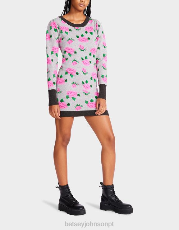 cinza vestido suéter jacquard rosas neon H6X06298 Betsey Johnson mulheres roupas