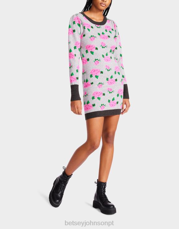 cinza vestido suéter jacquard rosas neon H6X06298 Betsey Johnson mulheres roupas