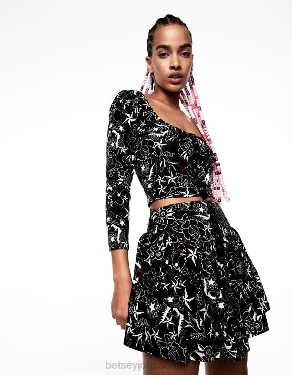 imprimir Tatuagem de minissaia com babados de inspiração vintage bonita no estilo punk H6X06296 Betsey Johnson mulheres roupas