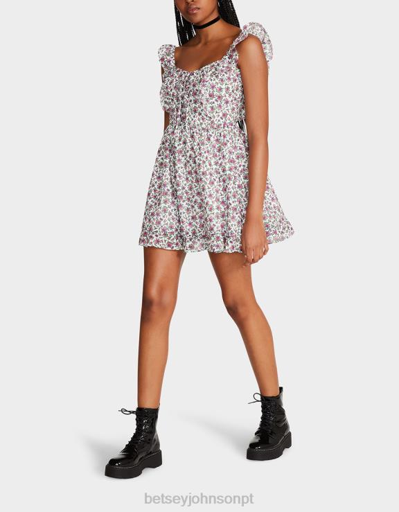multi mini vestido floral vintage ditsy branco H6X06300 Betsey Johnson mulheres roupas