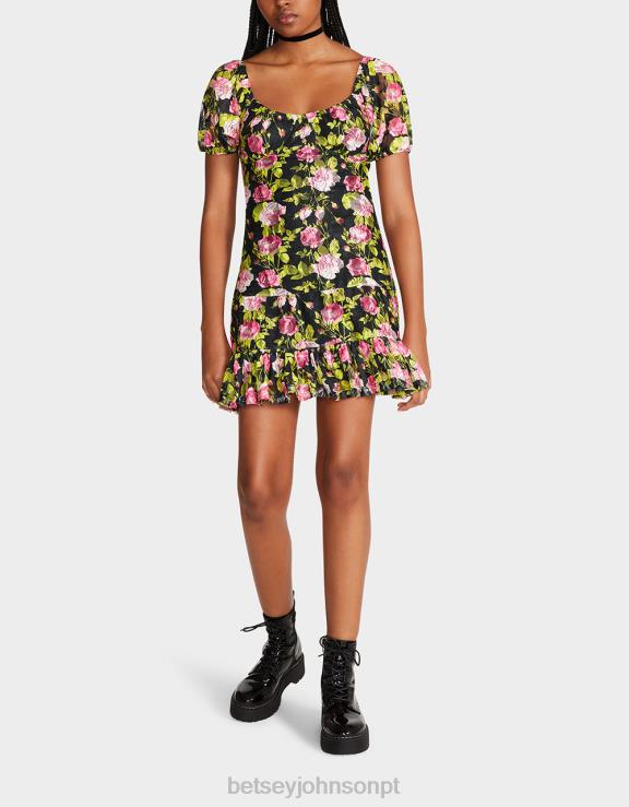 preto mini vestido floral vintage H6X06282 Betsey Johnson mulheres roupas