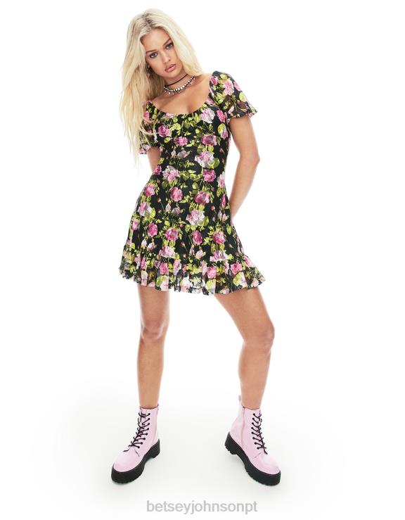 preto mini vestido floral vintage H6X06282 Betsey Johnson mulheres roupas
