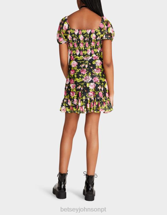 preto mini vestido floral vintage H6X06282 Betsey Johnson mulheres roupas