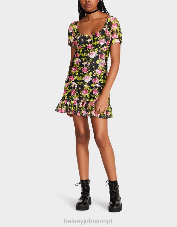 preto mini vestido floral vintage H6X06282 Betsey Johnson mulheres roupas