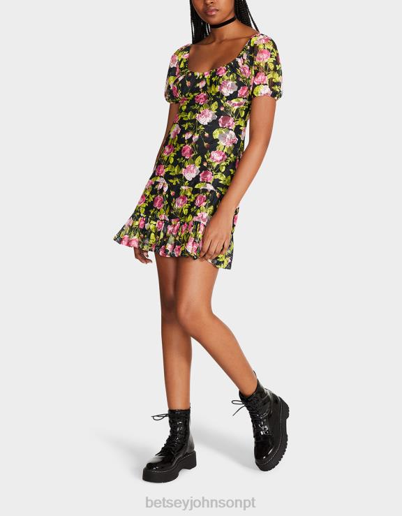 preto mini vestido floral vintage H6X06282 Betsey Johnson mulheres roupas