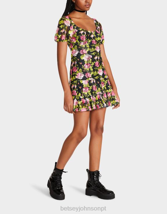 preto mini vestido floral vintage H6X06282 Betsey Johnson mulheres roupas