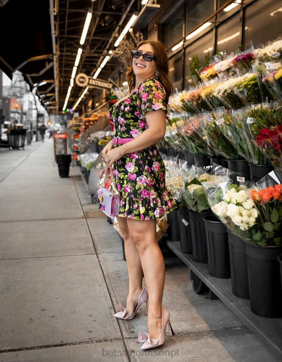 preto mini vestido floral vintage H6X06282 Betsey Johnson mulheres roupas