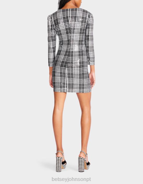 preto mini vestido xadrez de náilon com trem metalizado H6X06303 Betsey Johnson mulheres roupas